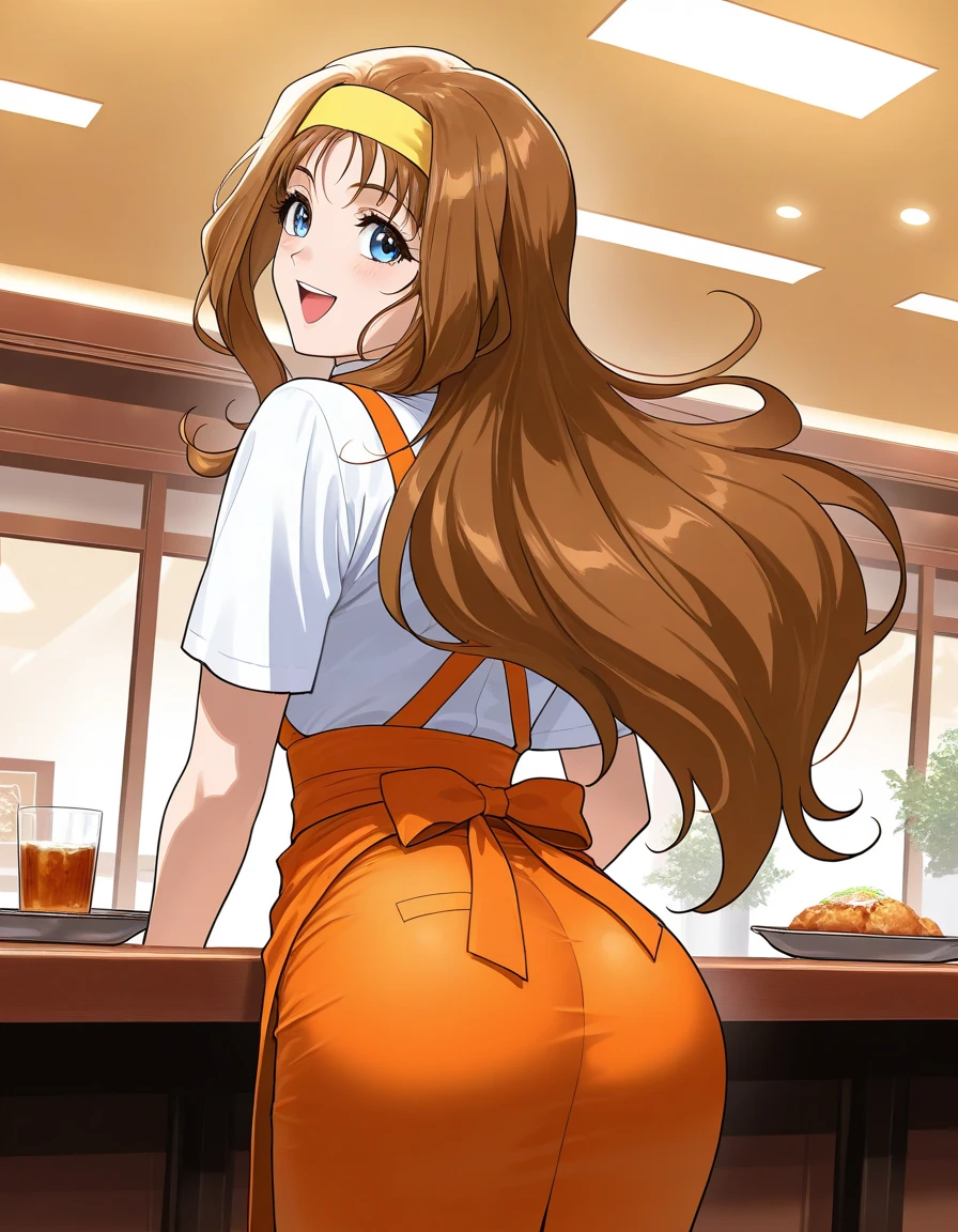  general , high resolution,  ultra detail, VERY ESTHETIC , top quality ,best hands,  break Kokubo_Reika _,  brown hair,  long hair,  blue eyes,  One Girl , Alone,  hair band ,  waitress , smile,   orange apron, break,
  restaurant , room,  happy , Back Visible 、 taken from behind、Focus on the butt、I can see her ass、The drinks served are arranged on the table