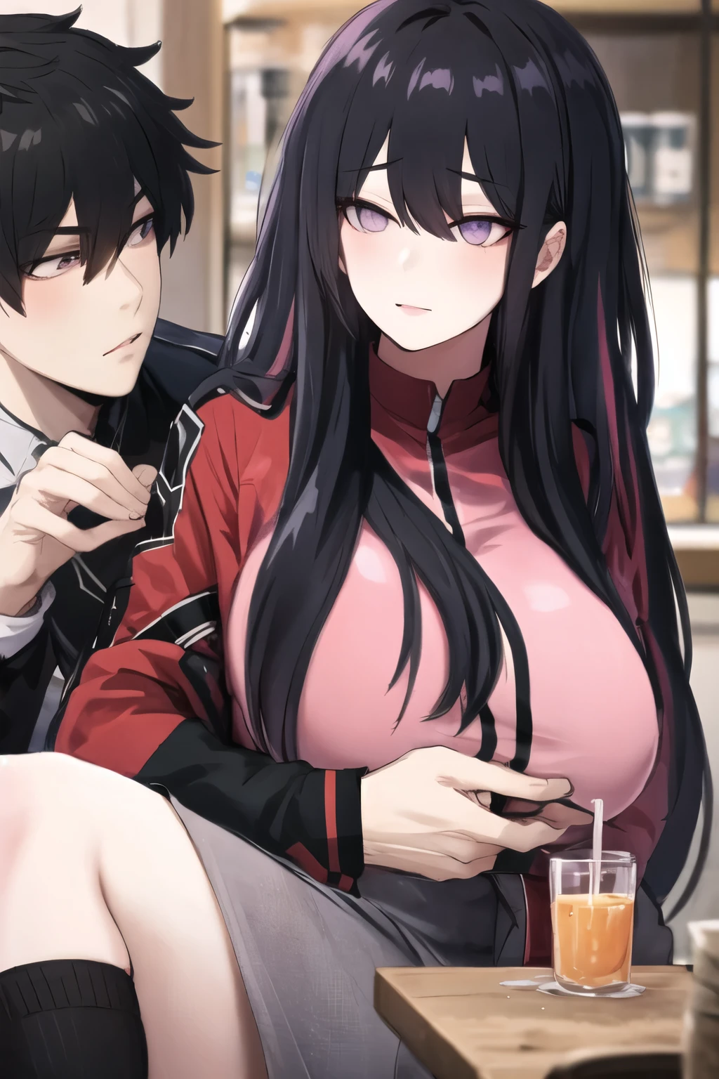 A 1 woman , long hair, black hair with purple highlights, and pink-gray eyes. Big Breasts Center Part Hairstyle