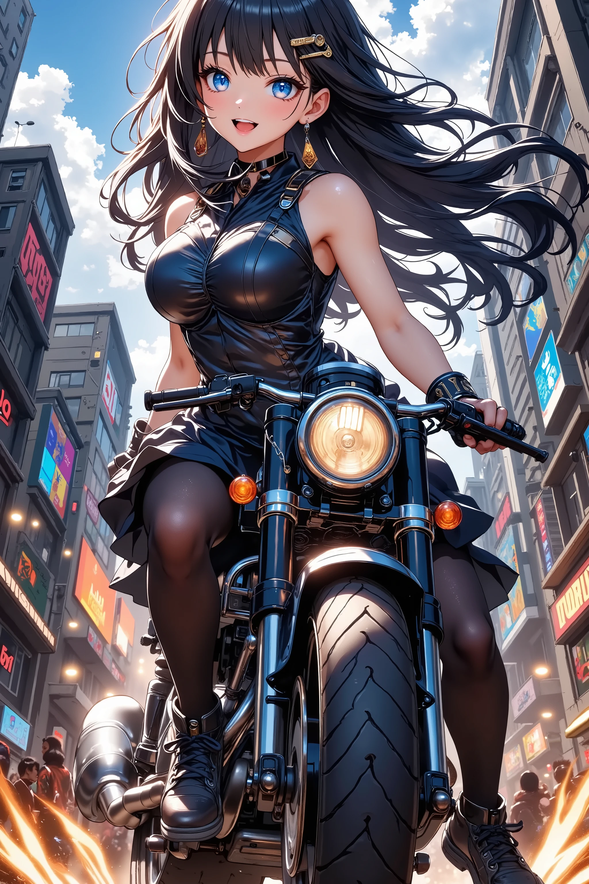 One beautiful woman riding a Bōsōzoku motorcycle , Ultra Wide Angle, glossy brown skin, anime mature, kamikaze 