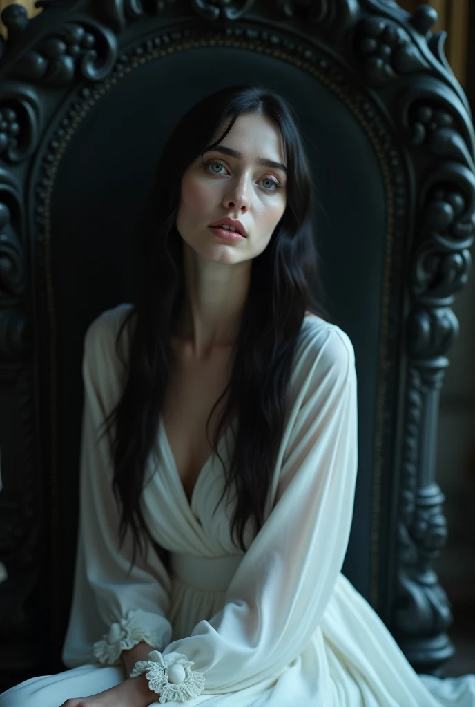 skini girl,  , (((((pale skin)))))), blue eyes, white girl, deep black hair, ultra realistic, 16 yrge breast, (((huge ))), ponytail handle lights, naked