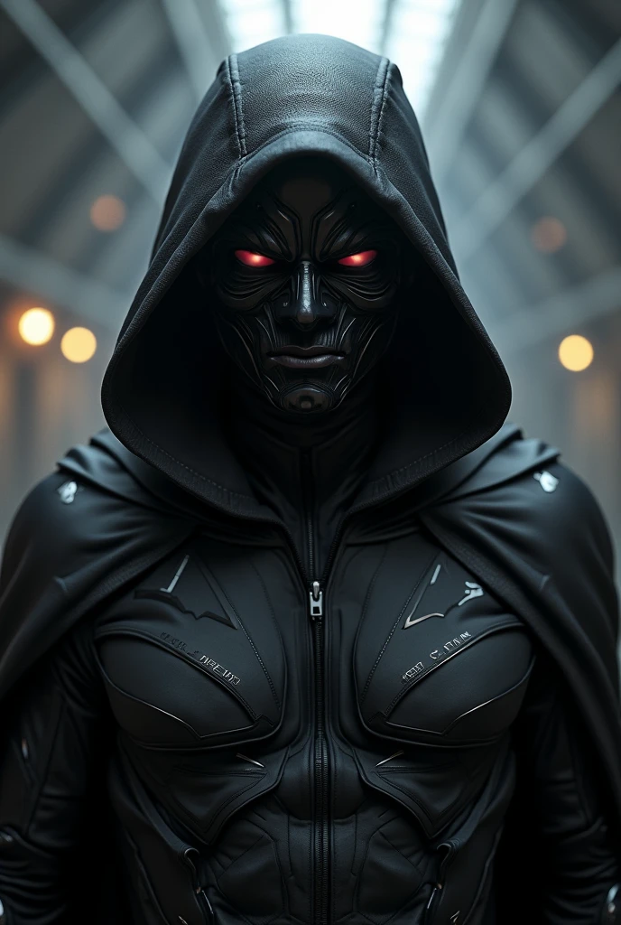 a futuristic cyborg villain with a dark mask, dramatic lighting, highly detailed mechanical prosthetics, an ominous cloak, glowing red eyes, a sinister expression, a dystopian sci-fi landscape, metallic textures, cinematic composition, moody color palette, dramatic shadows, intricate detail, photorealistic, 8k, best quality