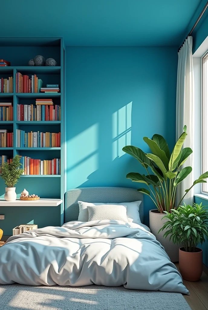 Bedroom electric blue walls with white bookcase, white desk , plants crystals and colored books , embroidered work table