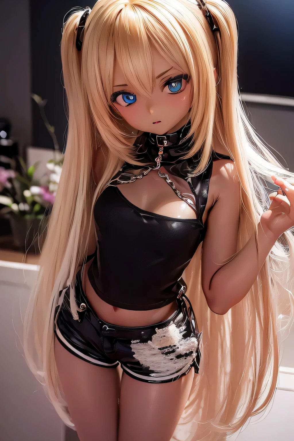 photorealistic, realistic photo, 8k, Canon EOS, ((highest quality)), ((masterpiece)), (extremely detailed), kukolnydom, doll, shiny skin, (dark skin:2), (stylish pose, living room, black camisole, shorts, mature woman, 21yo, 21_years_old, solo:1.6), (medium breasts, parted lips, blonde hair, long hair, two side up, looking above, blank stare, blue eyes, glass eyes, shining eyes, detailed face:1.3)