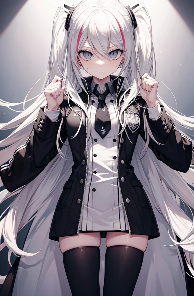 Danganronpa style. Female. Long platinum blond hair with a black streak. Wears a fitted black coat with silver embroidery. -Mysterious and manipulative, with a sharp sense of humor. Loves keeping people guessing.-