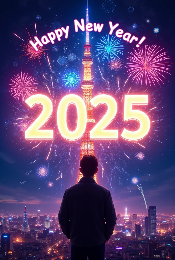 Please create a poster . Big glowing letters floating in the sky  "2025". Arch on the top of the poster "HAPPY NEW YEAR" large letters.  Gorgeous and Colourful Fireworks Celebrating the New Year at Cinderella Castle. Mickey and Minnie's Silhouettes . 