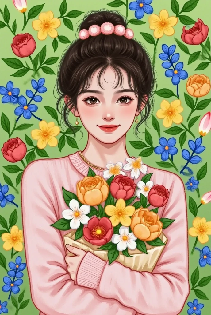   beautiful painting style  , 可爱的数字艺术,   High Quality Color Sketch  ：Beautiful girl portrait，Holding flowers，spring，flower wall background