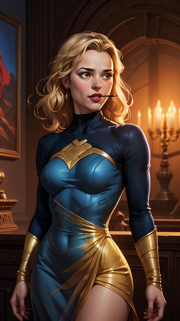 (best quality,8k:1.2,high resolution:1.2),ultra-detalhado,Realistic,retro science fiction female superhero,blonde short hair,rosto extremamente detalhados,long eyelashes,all sheer gold Collant de nylon Apertado,all light brown pantyhose, pink latex gloves, rose Glossy plastic accessories,Physically-based rendering,foco nítido,studio lighting