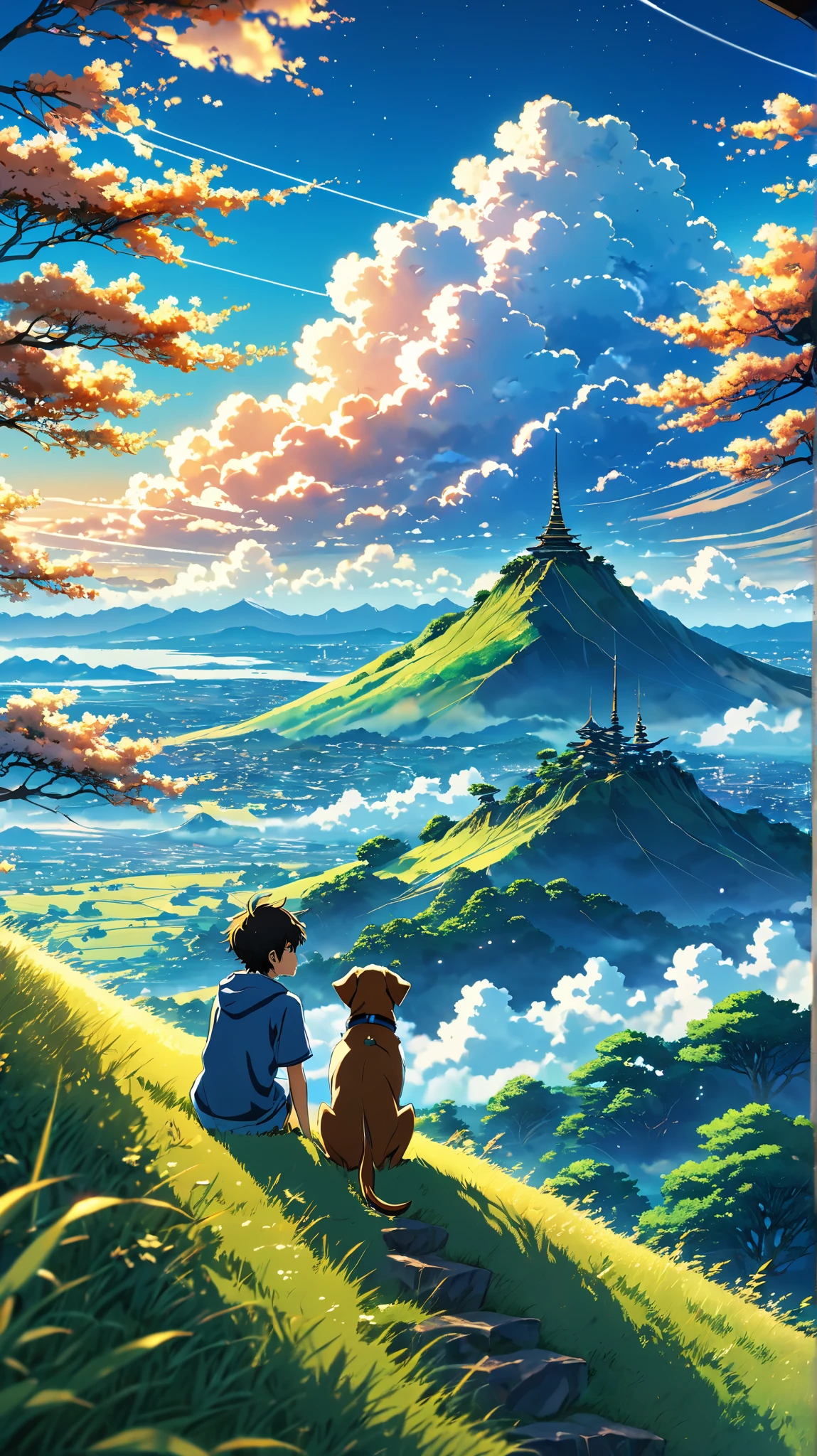 high quality, 8K Ultra HD, great detail, masterpiece, an anime style digital illustration, anime landscape of a young boy with his dog sitting on a hill, looking at a sky with bright clouds, anime nature screen with serene sky, beautiful scene anime, beautiful anime peace scene, Makoto Shinkai Cyril Rolando, beautiful anime scene, amazing wallpaper, 8k anime art wallpaper, anime background, art anime background, 4k anime wallpaper, background anime art wallpaper 4k, anime art wallpaper 4k,