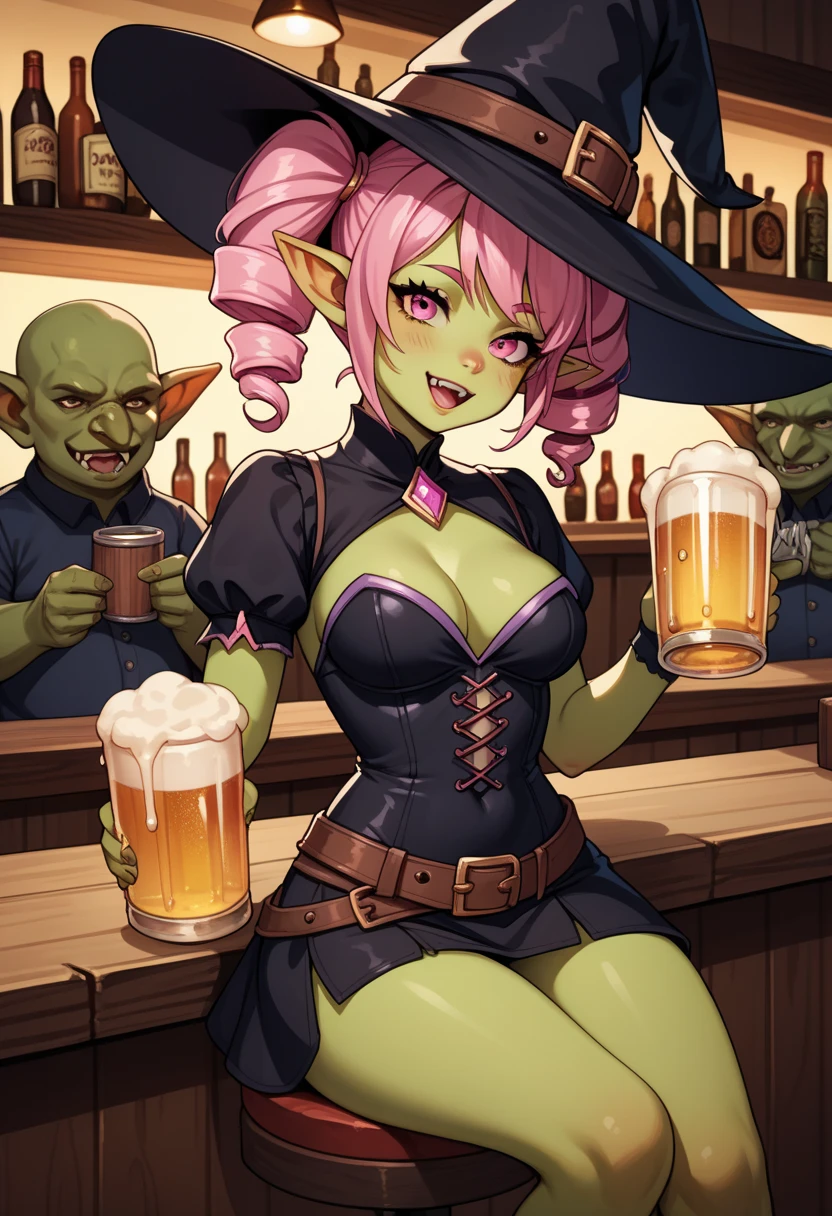 a woman in a red dress, sitting at a bar, two orc men, beautiful detailed eyes, beautiful detailed lips, extremely detailed eyes and face, long eyelashes, detailed facial features, detailed clothing, detailed background, female surrounded by orcs, in a pub, tavern setting, concept art, fantasy, world of warcraft, warcraft style, pixiv, safe for work, high quality, detailed, photorealistic, 4k, masterpiece, blushing, undressing, covering 