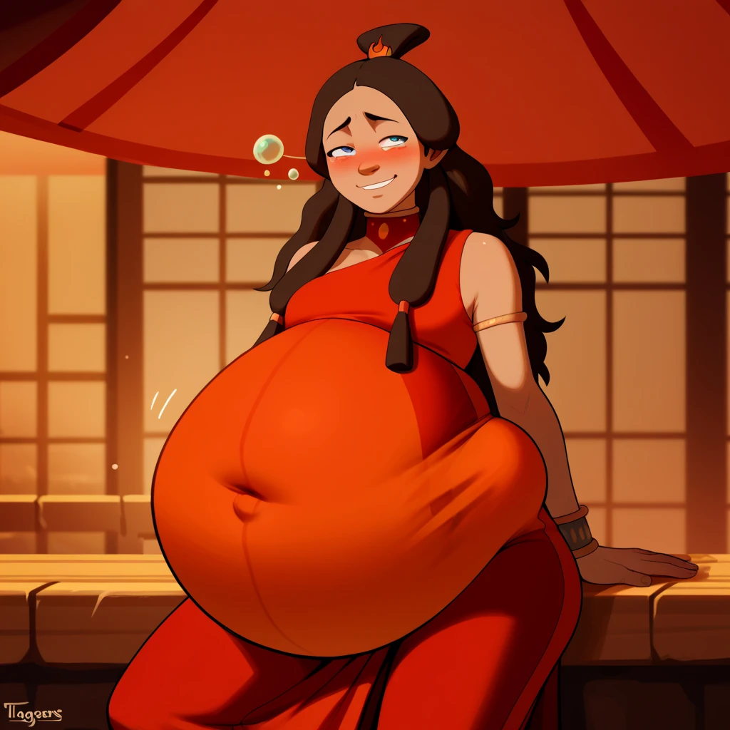 score_9, score_8_up, score_7_up, score_6_up, score_5_up, score_4_up, rating_questionable, KataraFire,   sexy pose, ((belly stuffed)), ((huge belly)), ((Very drunk)), ((staggers)), (tight red clothes) ,dark skin, shy smile