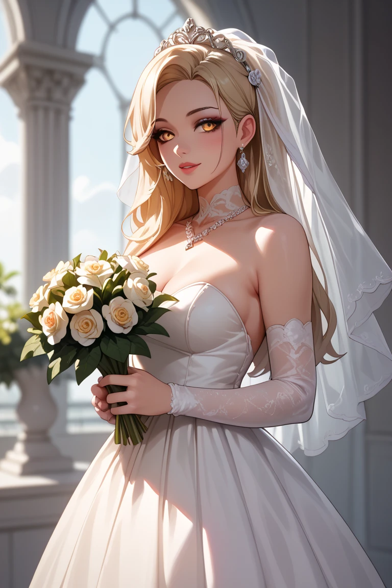 best quality, masterpiece, highres, solo, {hood_azurlane:1.15}, blonde_hair, long_hair, blue_eyes, breasts, smile, jewelry, earrings, large_breasts, blush, 1girl, bouquet, bridal_veil, bride, cleavage, dress, flower, hair_over_shoulder, holding, holding_bouquet, necklace, pearl_necklace, rose, veil, wedding_dress, white_dress, closed_mouth, white_flower, bangs, looking_at_viewer, see-through, hair_ornament, upper_body, white_rose
