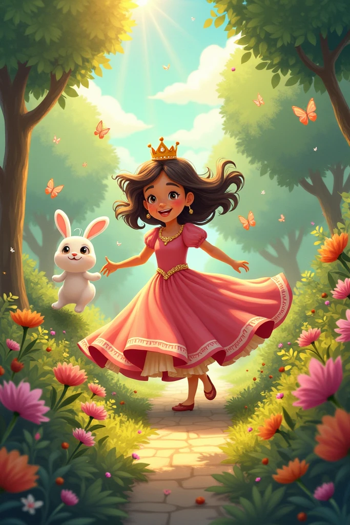 Scene 1: The Royal Garden
In the vibrant Royal Garden, filled with colorful flowers and fluttering butterflies, Princess Taza plays with her fluffy rabbit, Fluff. The sun shines brightly, and the air is filled with laughter as Taza twirls in her beautiful gown, while Fluff hops around, chasing butterflies. Suddenly, two clumsy thieves, Sneak and Snatch, sneak into the garden, eyeing Taza's sparkling crown.
Scene 2: The Great Capture
As Taza and Fluff play, Sneak and Snatch devise a silly plan to capture them. They tiptoe behind a bush, but their antics are so loud that Taza turns around just in time. In a hilarious twist, the thieves accidentally trip over each other and tumble into a giant sack, which rolls toward Taza and Fluff, trapping them inside!
Scene 3: Inside the Sack
Inside the sack, Taza and Fluff find themselves in a cozy, albeit cramped, space. Taza giggles at the absurdity of their situation, while Fluff nibbles on a carrot that somehow ended up in the sack. Taza encourages Fluff to help her think of a way to escape, and together they come up with a plan involving Fluff's magical hopping abilities.
Scene 4: The Great Escape
With a burst of energy, Fluff hops high, using his magic to create a colorful cloud of sparkles. The sack begins to shake and wiggle, and with a final mighty leap, Fluff bursts them out of the sack! They land safely on a soft patch of grass, and Taza cheers, her crown sparkling in the sunlight.
Scene 5: The Chase Begins
With a burst of energy, Fluff hops high, using his magic to create a colorful cloud of sparkles. The sack begins to shake and wiggle, and with a final mighty leap, Fluff bursts them out of the sack! They land safely on a soft patch of grass, and Taza cheers, her crown sparkling in the sunlight.
Scene 6: The Clever Trick
Taza spots a fountain and gets an idea. She leads Fluff to the fountain, where they splash water playfully. When the thieves arrive, they slip on the wet stones and fall into the fountain w