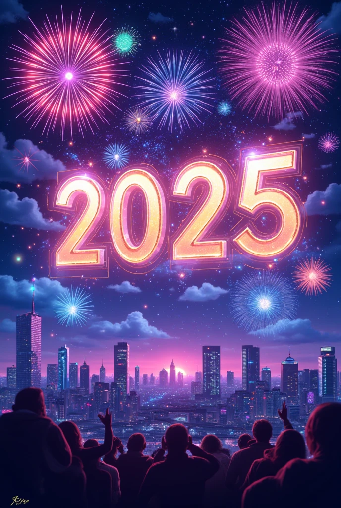 Please create a poster . Big glowing letters floating in the sky  "2025". Arch on the top of the poster "HAPPY NEW YEAR" large letters.  Gorgeous and Colourful Fireworks Celebrating the New Year at Cinderella Castle. Mickey and Minnie's Silhouettes . 