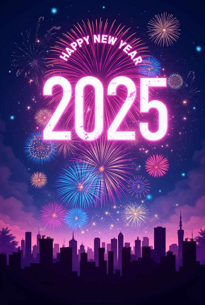 Please create a poster . Big glowing letters floating in the sky  "2025". Arch on the top of the poster "HAPPY NEW YEAR" large letters.  Gorgeous and Colourful Fireworks Celebrating the New Year at Cinderella Castle. Mickey and Minnie's Silhouettes . 