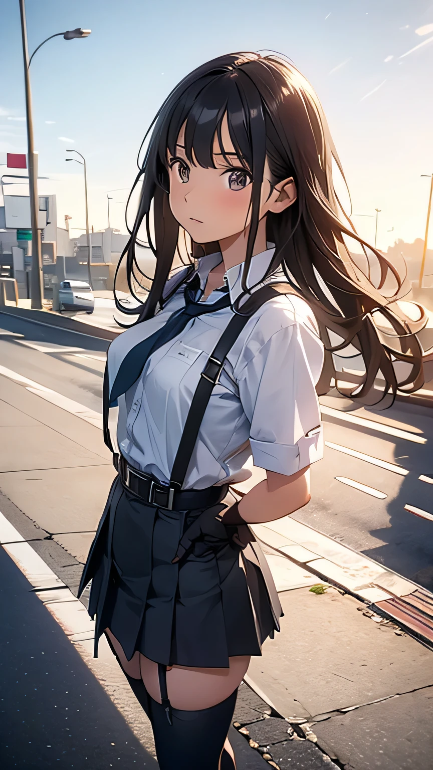 High Quality , masterpiece, super high res, ( realism: 1.4), oil painting style , movie lighting, , I stood on an empty asphalt road and watched it.., and、flying crane suspenders Big Breasts Small Face lying on the bed looks up at the sweat belt buzzer 脇sweat black hole gloves suit miniskirt garterbelt Foot Link ズボンのbelt place hands on back uneasy expression looks up at the uneasy expression Knee-length knee socks Knee-length socks garter belt garter Garterbelt on thighs, place hands on back restrict handcuffs Cable ties Cable ties on thumbs big boobs