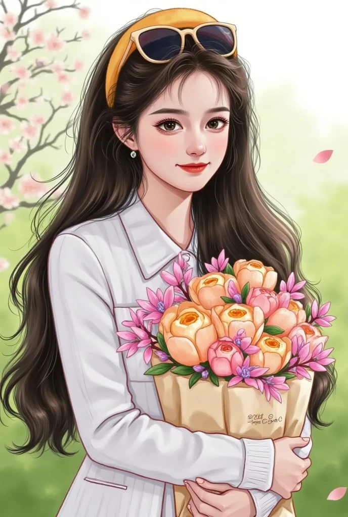   beautiful painting style  , 可爱的数字艺术,   High Quality Color Sketch  ：Beautiful girl portrait，Holding flowers，spring，