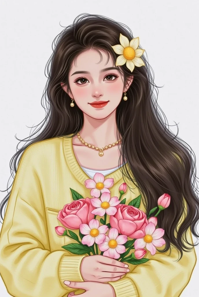   beautiful painting style  , 可爱的数字艺术,   High Quality Color Sketch  ：Beautiful girl portrait，Holding flowers，spring，