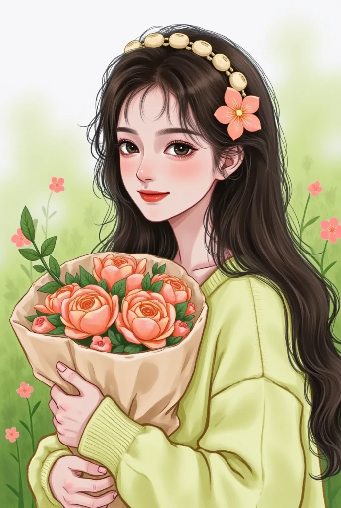   beautiful painting style  , 可爱的数字艺术,   High Quality Color Sketch  ：Beautiful girl portrait，Holding flowers，spring，