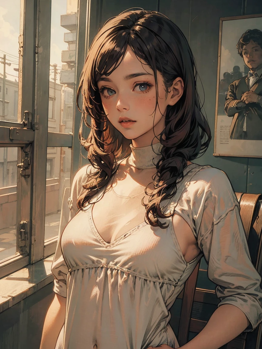 ((A sexy and beautiful woman is staring at me on the commuter train)), ((cutest 22-year-old beauty)), ((charming smile)), ((very long hair) ) , ((Mini Skirt)), ((Rich Bust)), Gradient Eyes, Seductive Makeup, Single View, NFFSW, UHD, Retina, Masterpiece, Accurate, Anatomical, Scientifically Correct, Textured Skin, Super Detail, high detail, high quality, award winning, highest quality, high resolution, 1080P, HD, 4K, 8k, 16k