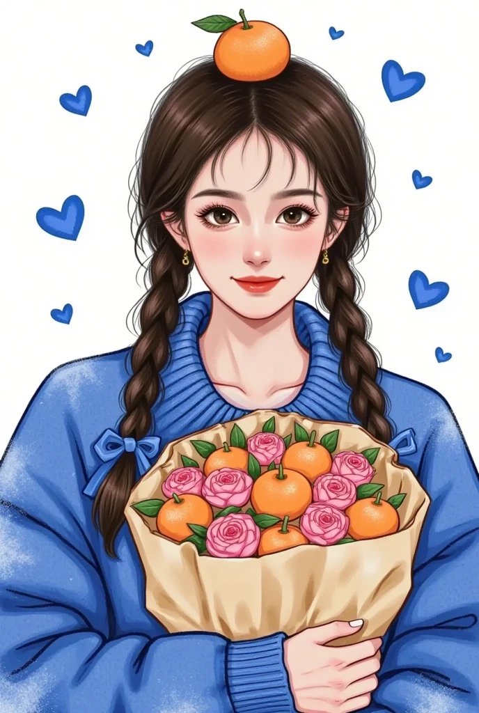   beautiful painting style  , 可爱的数字艺术,   high quality color sketch ：Beautiful girl portrait，Holding flowers，ink smudged background 