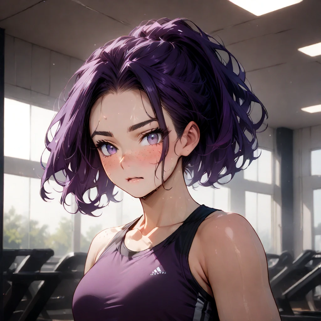 dark purple hair, freckles on face, upper body, black leggins, on gym