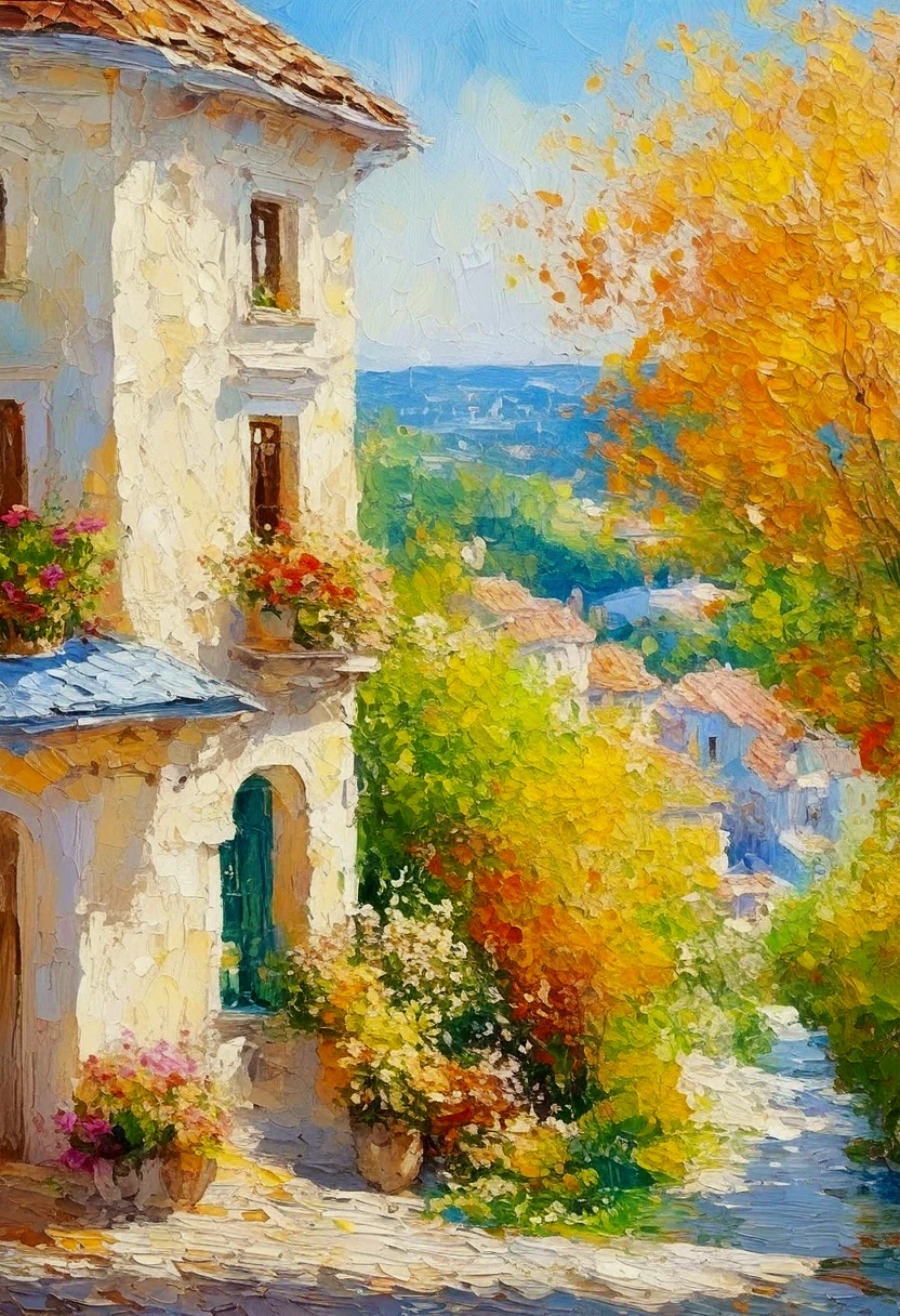 High saturation，Oil painting texture ，Light and Shadow， rough brushstrokes and textures：Beautiful views of the town