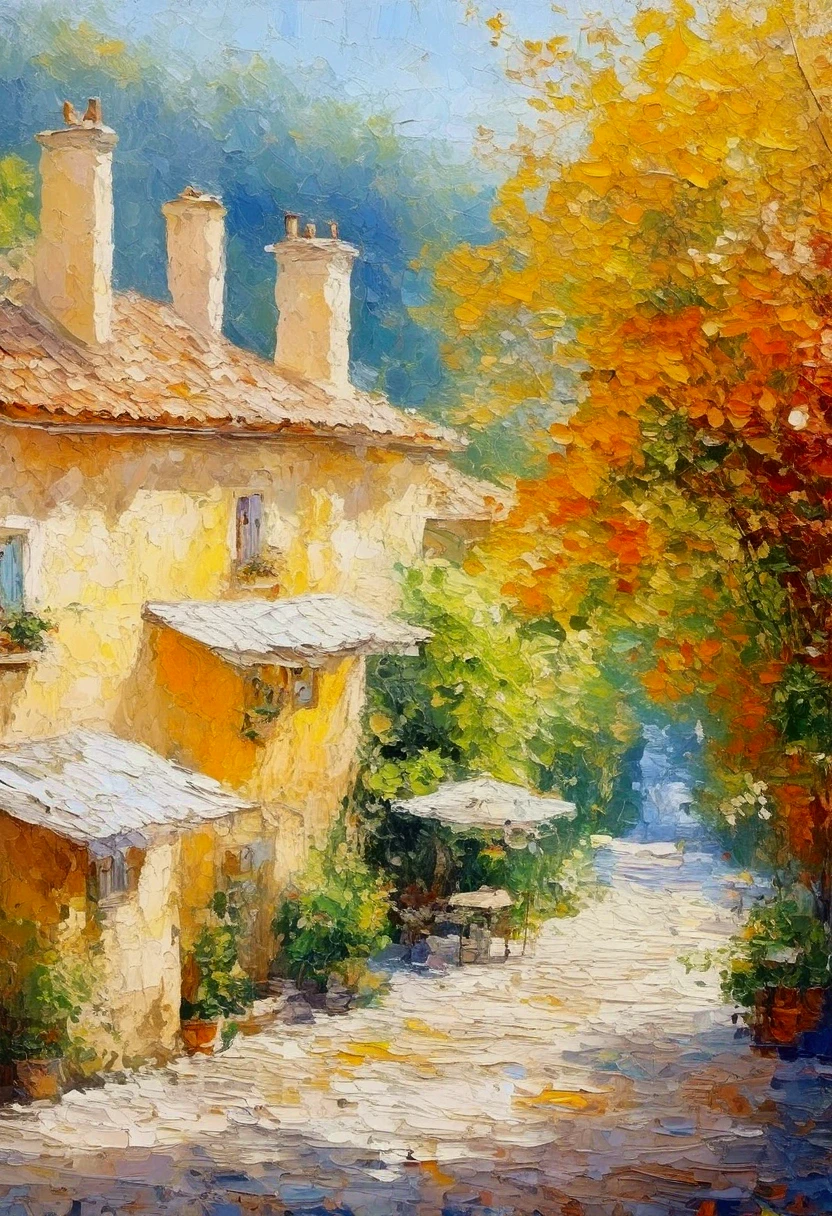 High saturation，Oil painting texture ，Light and Shadow， rough brushstrokes and textures：Beautiful views of the town