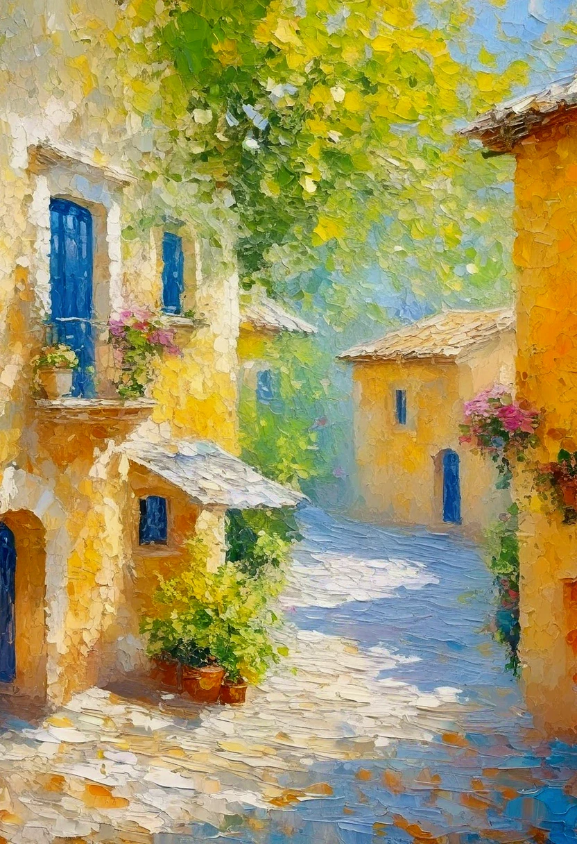 High saturation，Oil painting texture ，Light and Shadow， rough brushstrokes and textures：Beautiful views of the town