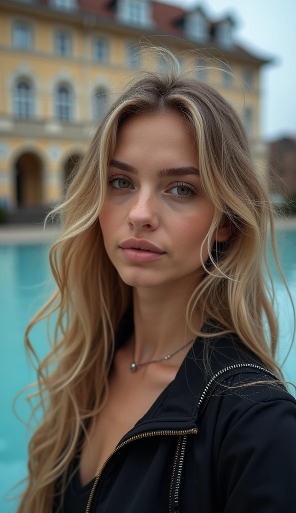 photo de tout le corps d'une femme magnifique de 22 ans, amoureux du spectateur, visage et yeux détaillés , cheveux blond yeux vert, tenue claire et beige, au bord d'un port maritime a boire une verre assise en terasse