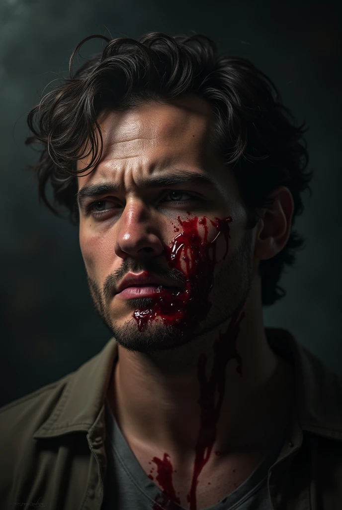 The camera looks at the face if a scared  man who is covered in blood and was recently attacjes by trauma 