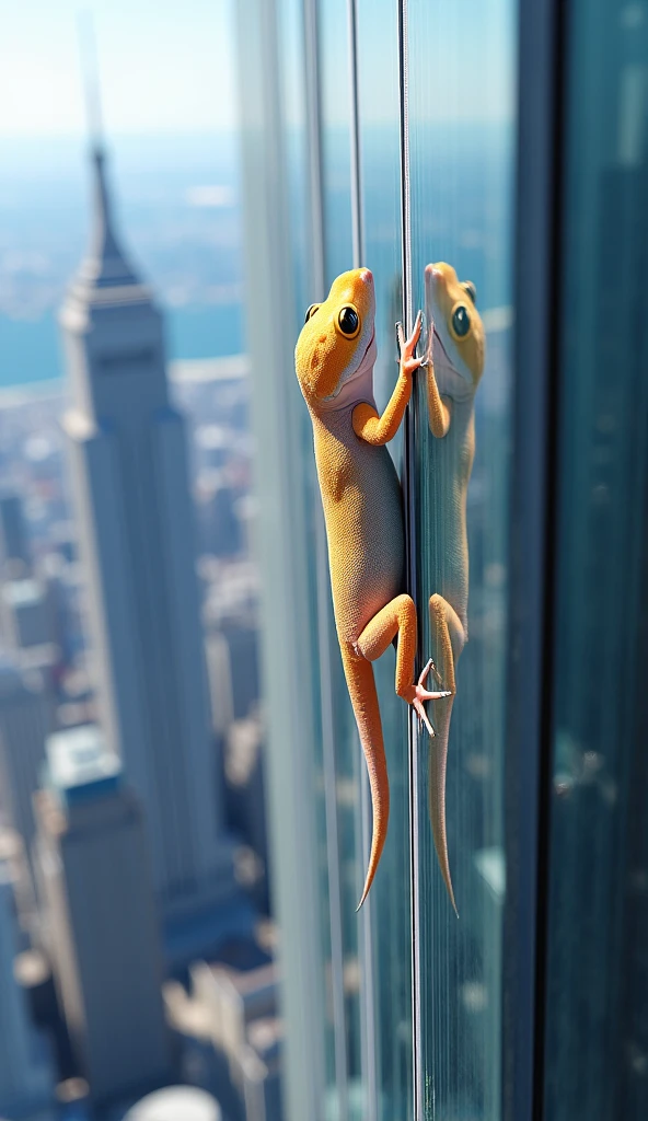 photorealistic,(高層ビルの最上階側壁を　 milky white geckos are climbing on the top side wall of a skyscraper ),( from the viewpoint of focusing on geckos from above and looking down),