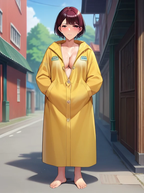 score_9, score_8_ up, score_7_ up, score_6_ up, score_5_ up, score_4_ up,  source_Anime, tag1,  tag2, nsfw， uncensored，quality_masterpiece,  anatomically correct,  1 girl，chubby adult girl， beautiful eyes, red eyes,   short bob haircut  , (red_red hair) , (Big Breasted ),  wet,  dirty feet , (()), ( embarrassing),(Appearance)， naked in a raincoat , street destroyed in the background , wilderness ,((run:1.1)),(((My chest bounces in a 々 direction :1.3))), (scream), (( fast dynamic frame )) , ((whole body)), ( my whole skin has a dirty color ) ,full length)), ((( I'm wearing a yellow raincoat:1.3))) ,  crying 