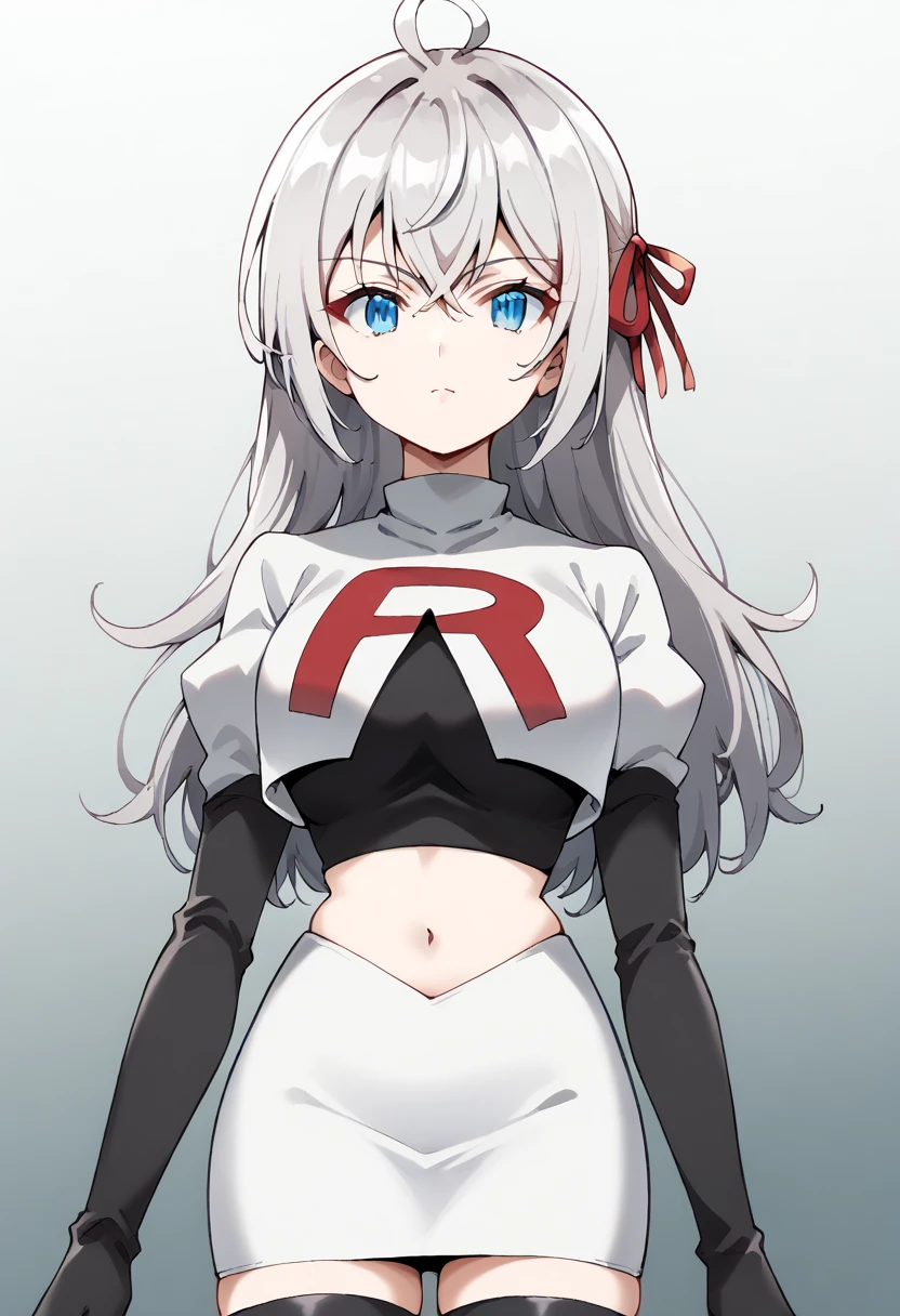 score_9, score_8_up, score_7_up, source_anime,
1girl, solo, looking at viewer, gradient background, 
alisa mikhailovna kujou, long hair, silver hair, ahoge, crossed bangs, red hair ribbon, sidelocks, blue eyes,
team rocket,team rocket uniform,white skirt,red letter R,crop top,black thigh-highs,black elbow gloves