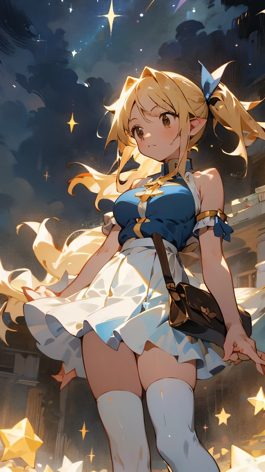 -yeld giOne girl, View palm、Expressionless、Fantastic look、Fairy, Pointed Ears, Composition viewed diagonally from below, looking down.masterpiece, highest quality, High resolution, Lucy Heartfilia, Lucy Heartfilia, One girl, alone, Blonde Hair, Brown eyes, Long Hair, Side Ponytail, Hair Ribbon, Big Breasts, Earrings, Thigh-high boots, Blue Shirt, No sleeve, White Skirt, Dark Background, starlight, star,starをすくう、Thighs, looking down, composition viewed diagonally from below, facing forward