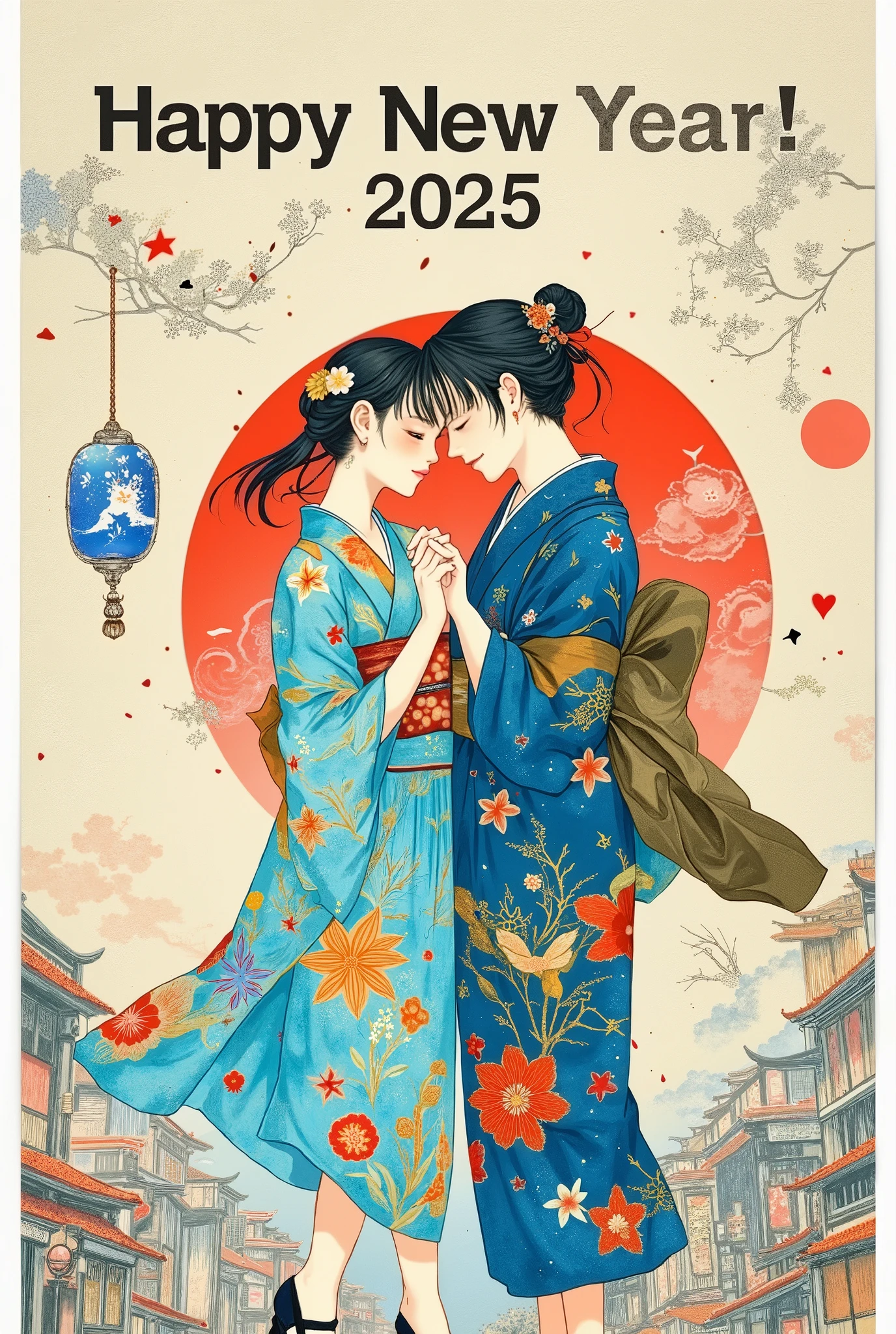 (( "Happy New Year 2025!"written in black ink:1.5)).　Retro Modern Illustration,Poster with 　strong old Japanese paper texture, one poster, illustration poster of a man and woman in kimono dancing、hand ,パーフェクトハンド、ArsMJStyle, Zen Ink Wash Sumi-e