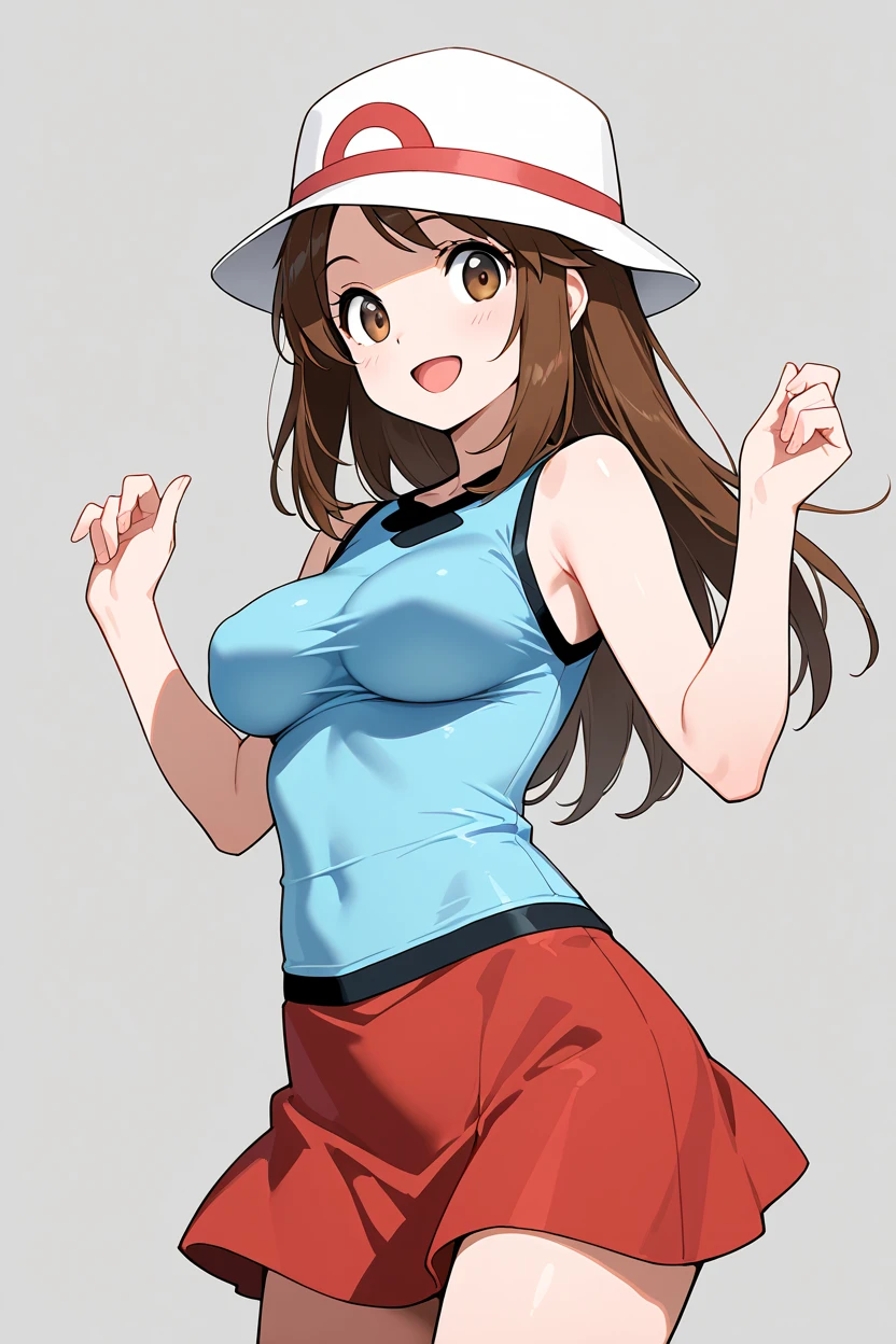 long brown hair, hat, red skirt, sleeveless shirt, breasts, brown eyes, blue shirt, solo, smile, looking at viewer, impossible clothes, taut clothes, open mouth