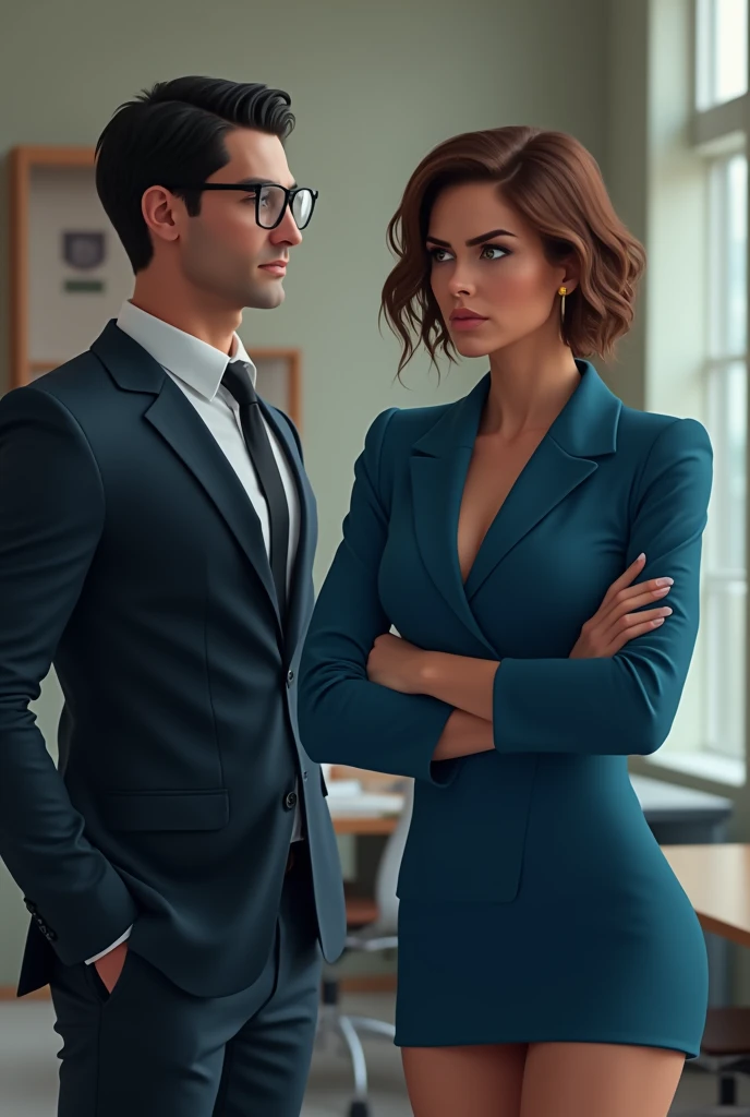 (masterpiece), best quality, back view, side of face, old man in blue suit stands next to (((nude naked teen girl who is walking))) and has green eye and medium breast and nipple and vagina and brown bob hair and earring and wristwatch and necklace , classroom, male in in the background, male in in the background, male in in the background,