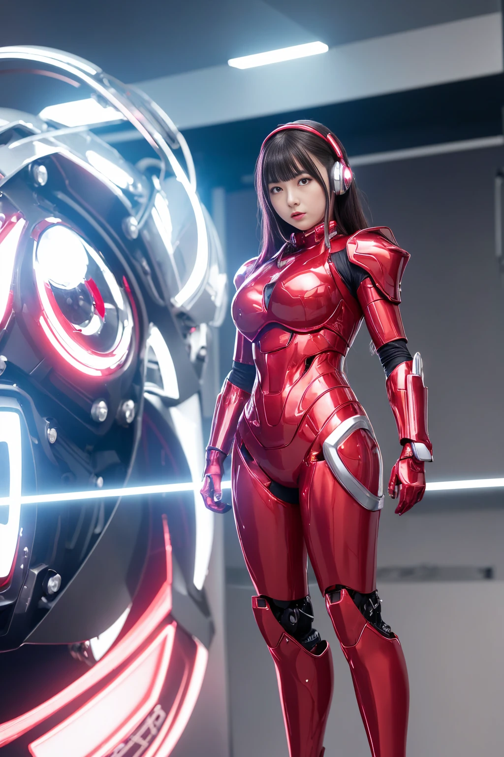 (Highest quality ,High resolution,masterpiece:1.2), Very detailed, Realistic:1.37, (Perfect Anatomy), whole body,1 person ,Cute and perfect 3 Japanese female race queen,(Converted into a cyborg),(Big smile:1.2), Beautiful Eyes, Detailed facial features, (Big smile), Attention to detail in costumes, Great eyes, beautiful lip hair,Clear Short Hair, (The red and white high leg costume transforms into a shiny, skin tight fitting plug suit.:1.3),(Detailed electronic circuits inside the body are visible:1.4),,Bangles, Wires and cables connected to the head, cybernetics, cyber punk, Intricate decorative details,(Natural Makeup) ,(background: Cyborg operating room equipped with advanced digital devices and monitor screens:1.3)..