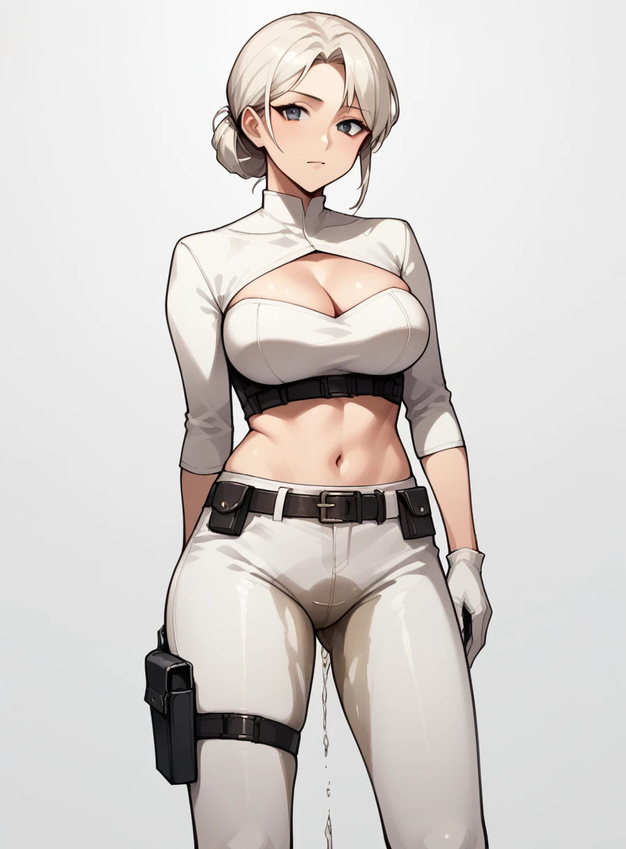 zPDXL2, source_anime,
 white background, 
cowboy shot,
fontezxl, thighs, 
padmexl, 1girl, solo, looking at viewer, large breasts, 
white pants,white bodysuit, belt, holster, cleavage,hair bun, torn clothes, midriff, navel, ass, white gloves,pee pant whitr panties
 