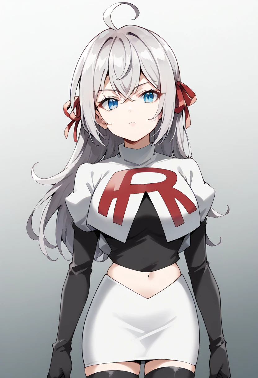 score_9, score_8_up, score_7_up, source_anime,
1girl, solo, looking at viewer, gradient background, 
alisa mikhailovna kujou, long hair, silver hair, ahoge, crossed bangs, red hair ribbon, sidelocks, blue eyes,
team rocket,team rocket uniform,white skirt,red letter R,crop top,black thigh-highs,black elbow gloves