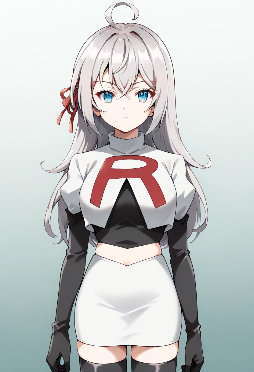 score_9, score_8_up, score_7_up, source_anime,
1girl, solo, looking at viewer, gradient background, 
alisa mikhailovna kujou, long hair, silver hair, ahoge, crossed bangs, red hair ribbon, sidelocks, blue eyes,
team rocket,team rocket uniform,white skirt,red letter R,crop top,black thigh-highs,black elbow gloves