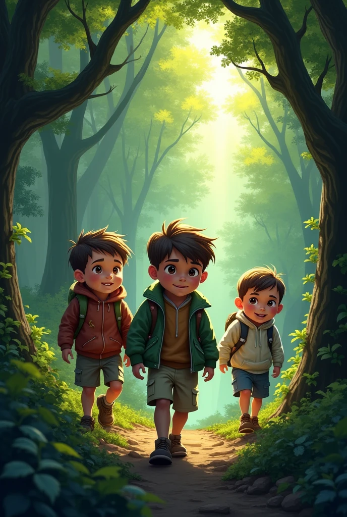A realistic cool boy 13 with his friends in the forest the friends 13 has black brown hair