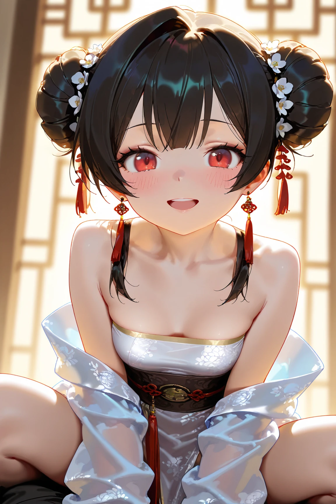 score_9, score_8_up, score_7_up, high detailed, high quality, masterpiece, no text, quality highlights, 8k detail, detailed background, source_anime, dynamic view, hentai, ultra-detailed,
... 1girl, solo, Young, blushing, Ancient oriental style, black hair, Small breasts, a girl with a lovely impression, Red eyes, Tareme, She is a human, Single hair intake, Long eyelashes, Beautiful face, Twin Chignon hairstyle,
Chinese traditional jewelry, Chinese traditional hair decoration, pov, Crystal patterned Hanfu, cute girl, Kanzashi, earrings, blush, flawless smooth skin,
oversized clothes, Open mouth, A bright smile,
Ancient Chinese food ‘Tanghulu’, She is holding Tanghulu in both hands.
(best quality,4k,8k,highres,masterpiece:1.2),ultra-detailed,intricate details, high fashion, dramatic lighting, warm colors, chiaroscuro, Without hair streak, She is only black-haired