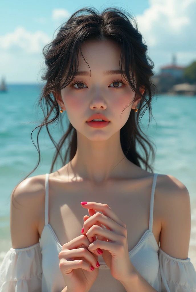 fully body photo,masutepiece, The highest image quality, High quality, the background is clear，Beautiful woman, Japanese, Detailed, Detailed eyes, Detailed skin, Beautiful skin, 超hight resolution, (reality: 1.4),Very beautiful woman, Slightly younger face, Beautiful skin, slender, (Ultra photo realsisim), (hight resolution), (8K), (Very detailed) (beautifully detailed eyes), (super detailed),   (Detailed face), view the viewer, Fine details, Detailed face, Staring straight ahead, Staring straight ahead, photos realistic, Bright lighting, Professional Lighting, Black hair, ,poneyTail,a baby face,sixteen years old,髪型はponeyTail,wear a ribbon,ロングのponeyTailの髪型,海岸,南の島,Enjoying dating,Angle from waist up,standing and posing,Wearing earrings,beach,resort,