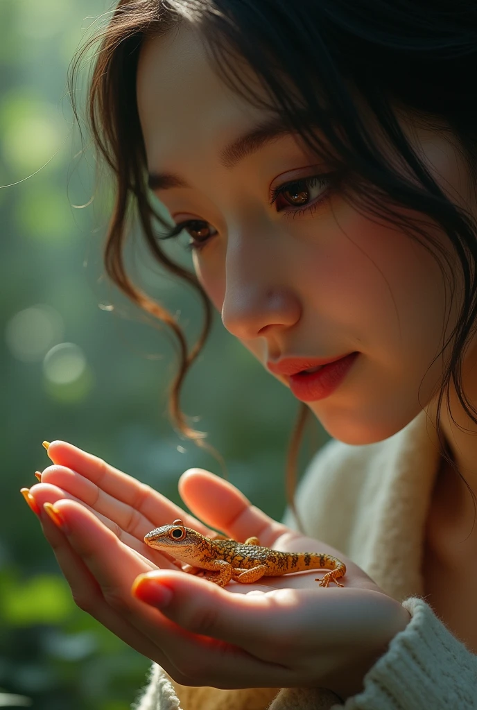 A woman holding a salamander