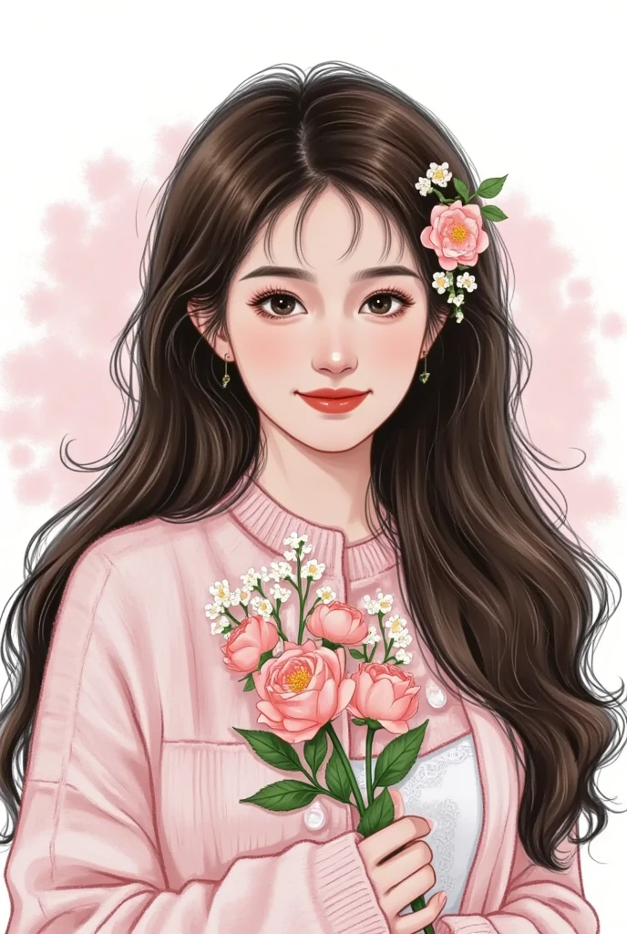   beautiful painting style  , 可爱的数字艺术,   high quality color sketch ：Beautiful girl portrait， long fluffy hair，Holding flowers，ink smudged background 