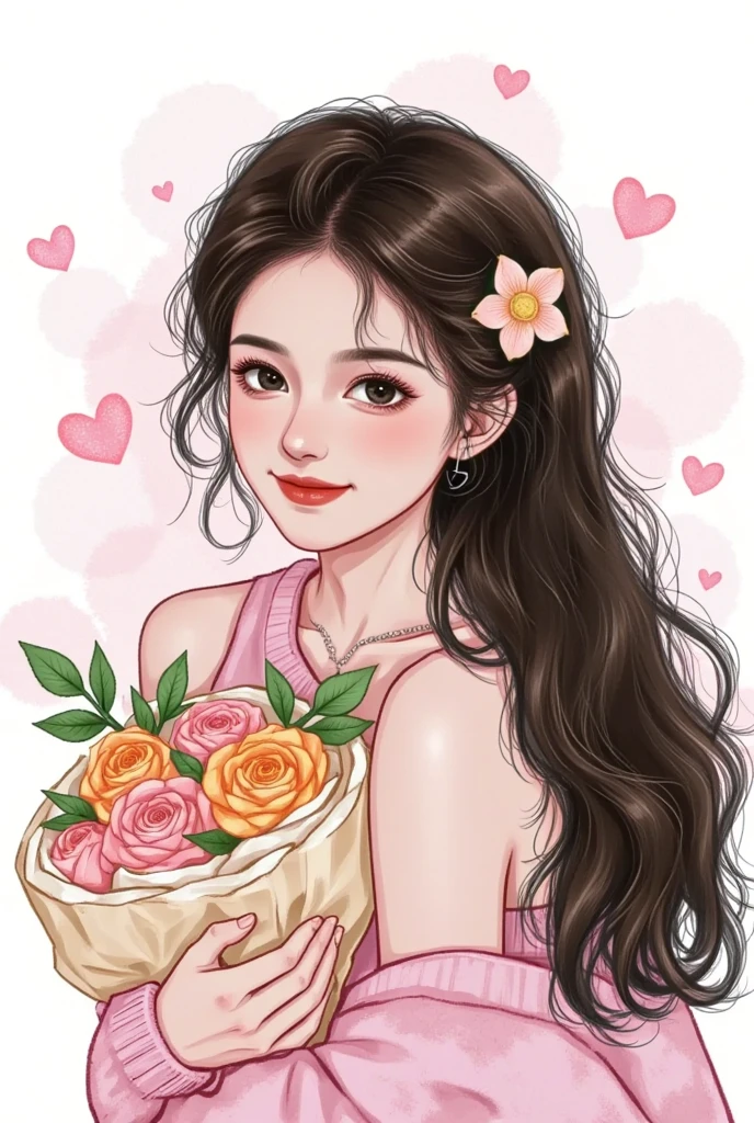   beautiful painting style  , 可爱的数字艺术,   high quality color sketch ：Beautiful girl portrait， long fluffy hair，Holding flowers，ink smudged background 