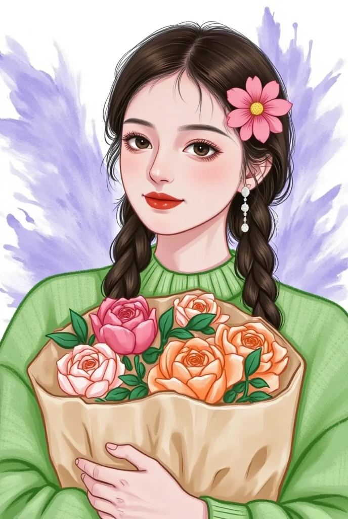   beautiful painting style  , 可爱的数字艺术,   high quality color sketch ：Beautiful girl portrait，Holding flowers，ink smudged background 