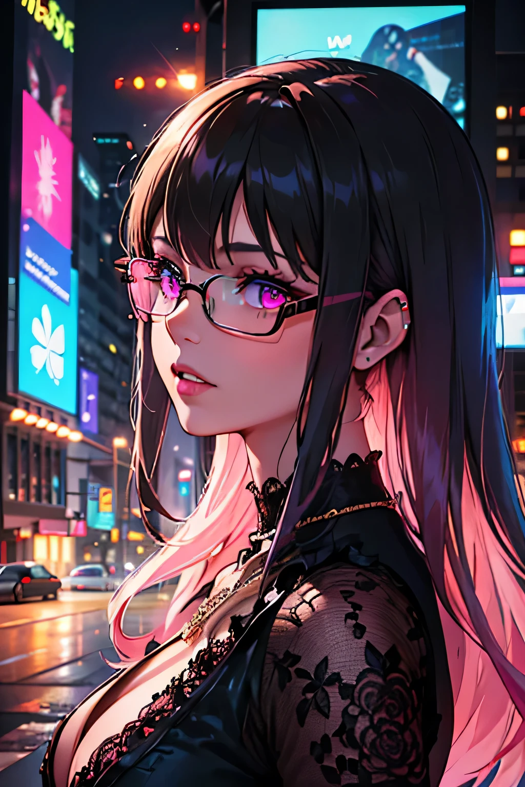 A cyberpunk-inspired portrait of a young woman with straight, jet-black hair framing her face. She wears stylish rectangular glasses with crimson frames and a delicate silver necklace resting against her neck. Her outfit features a black lace top with intricate patterns, adding texture and elegance to her look. Her lips shimmer with glossy ruby-red tones, and her skin is softly illuminated by the glowing neon lights of the futuristic city around her.

The background showcases a vibrant cyberpunk cityscape, bathed in electric blue, pink, and violet neon hues. Holographic projections, glowing circuits, and augmented reality displays fill the scene, casting dynamic reflections on her face. The overall ambiance is a mix of elegance and high-tech mystery, perfectly blending her serene appearance with the futuristic aesthetic.