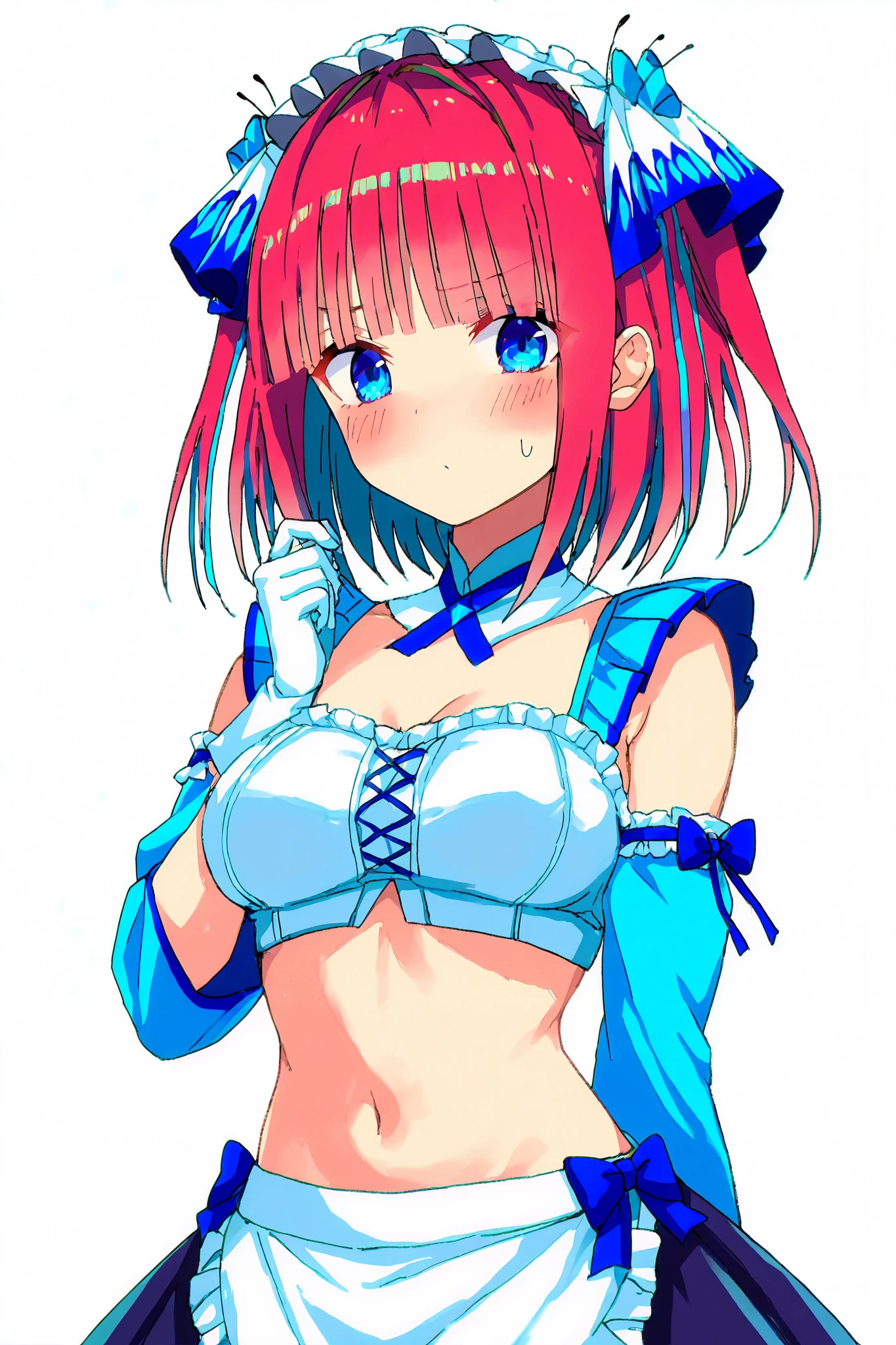 Cute and Blushed Girl with White skin, blue eyes, curly red hair, 2 pigtails with blue bows, blue mini skirt and bra